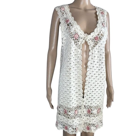 Shenanigans Cardigan Vest Sz S Sleeveless Lace Crochet Embroidered Floral - Picture 1 of 8
